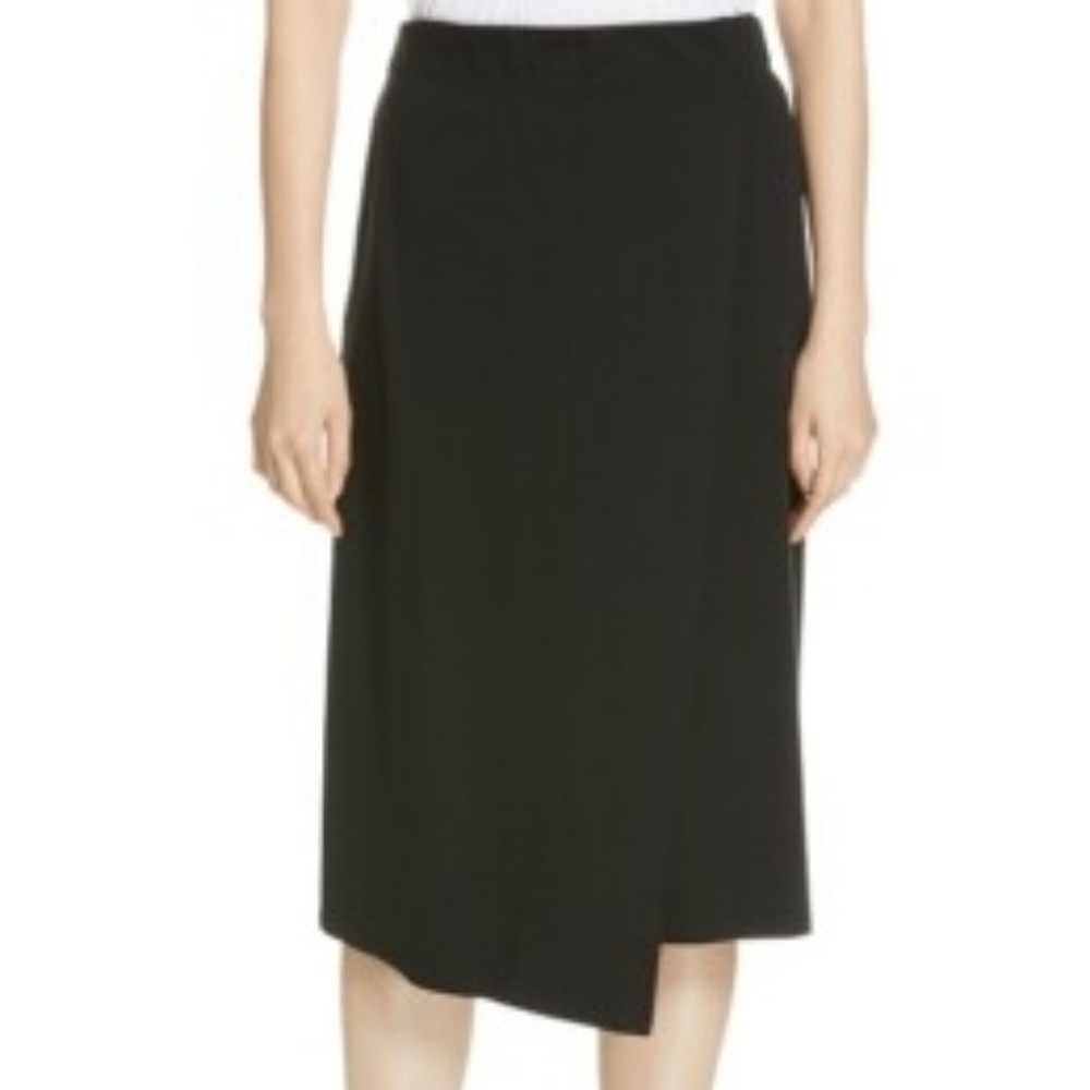 EILEEN FISHER Black Tencel Lyocell Stretch Knit Faux Wrap Knee Midi Skirt XS 2/4